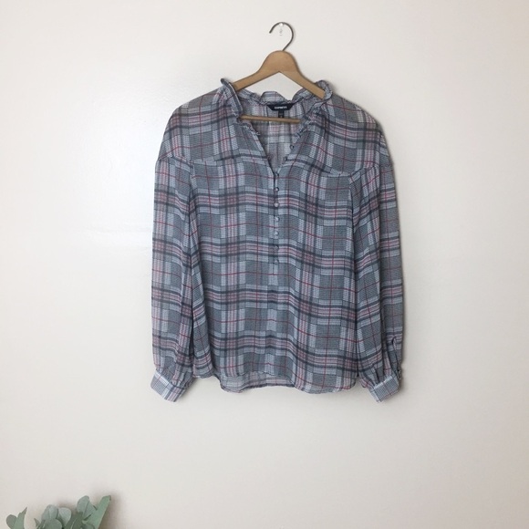 [Express] Sheer Ruffle Plaid Popover Blouse Dark Academia - Picture 1 of 10
